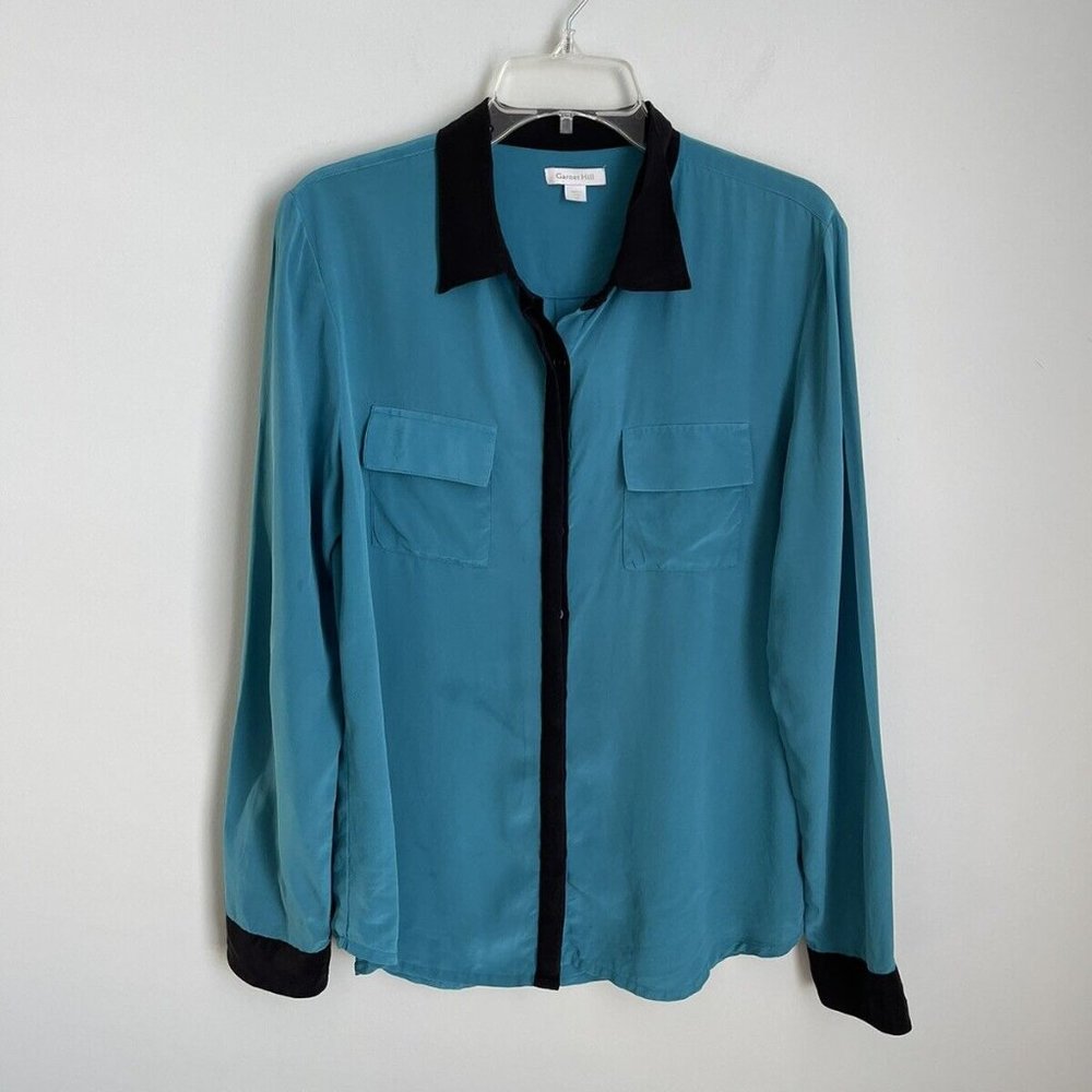 Garnet Hill Blue Black Trim 100% Silk Long Sleeve Button Down Blouse - Picture 6 of 8